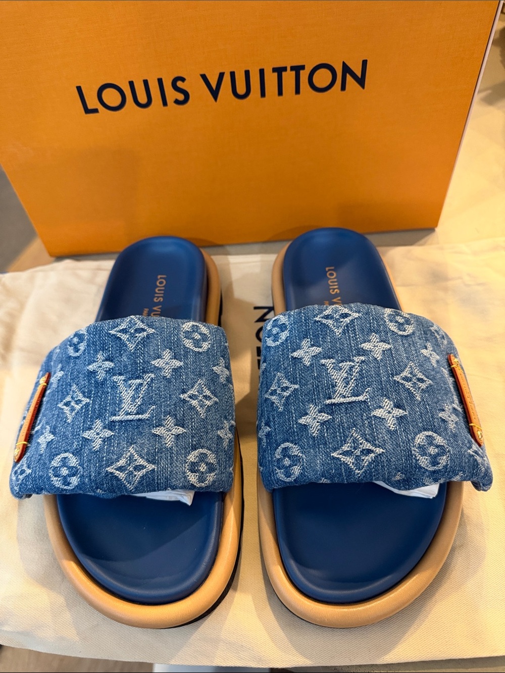 LOUIS VUITTON | ✨NEW✨ Pool Pillow Flat Comfort Mules in Monogram Denim Blue
